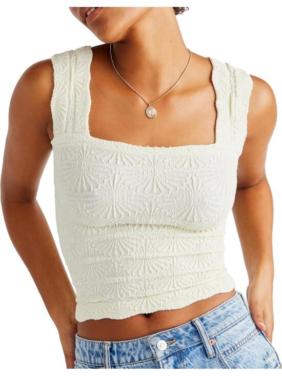 Tops - Women's Beige Square Neck Wide Strap Crop Tank Tops Flower Going Out Slim Tops